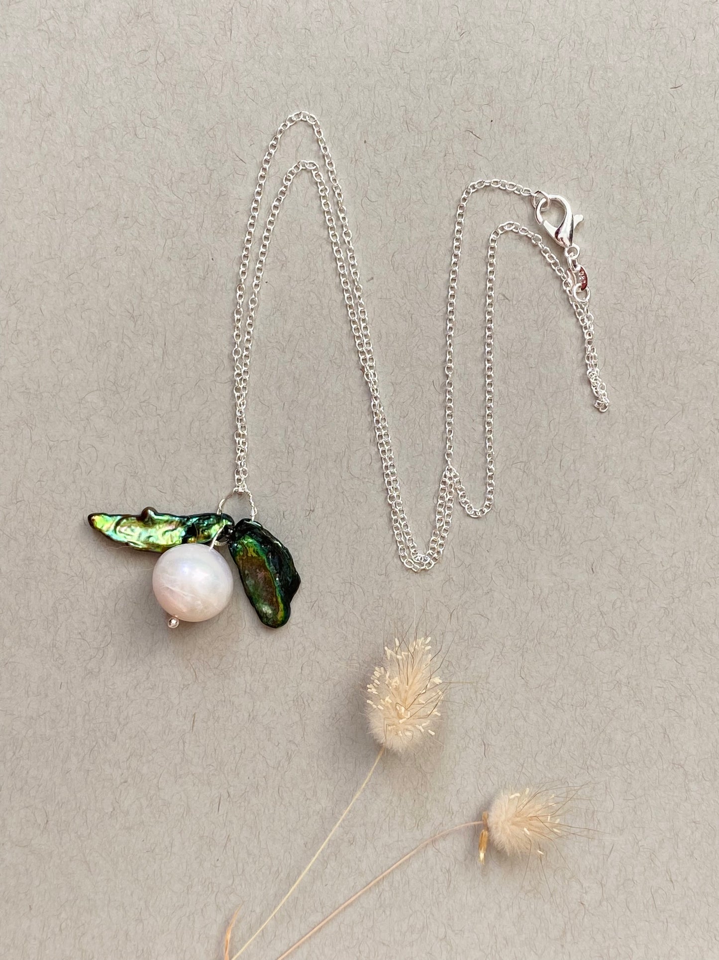 Sterling silver necklace Mistletoe Winter Berry Pearl pendant