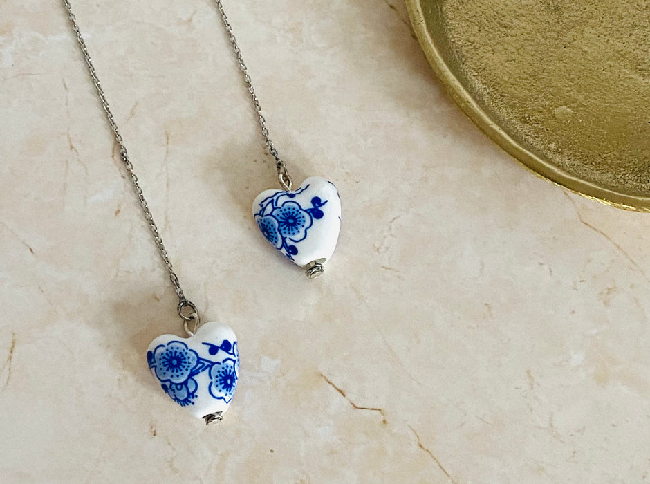 Puffy ceramic white and blue heart drop earrings. Perfect gift