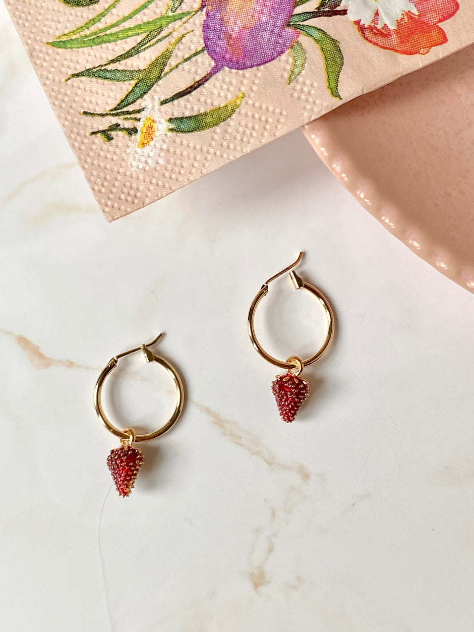 18k Gold plated hoops with wild strawberry beads. Perfect gift.