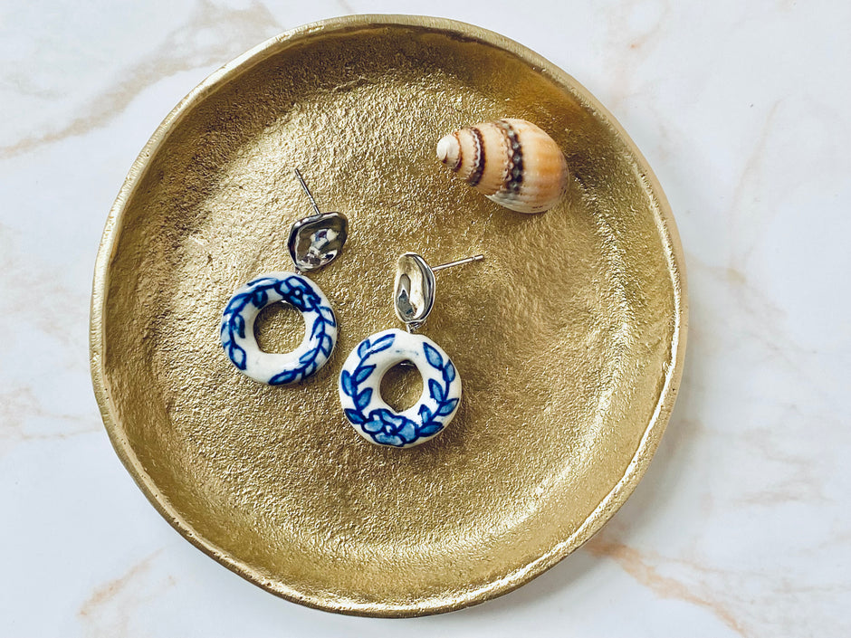 Silver ceramic hoop donut white and blue drop earrings. Perfect gift