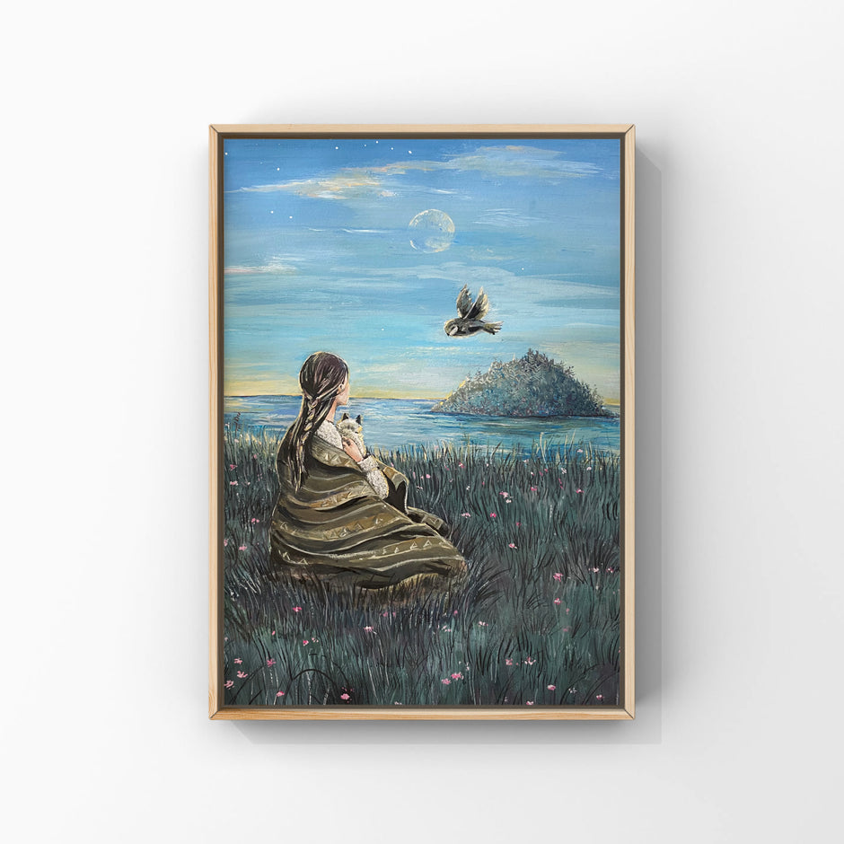 ‘Dusk’ - original gouache painting of a scenic coastal landscape, a woman holding a cat and an owl flying overhead