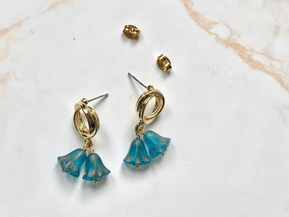Bluebell floral drop earrings made with glass beads. Perfect gift
