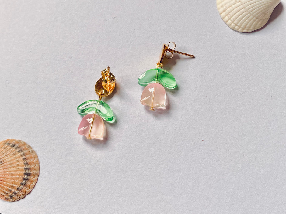 Glass tulip flower stud earrings. Pastel Pink / green leaves
