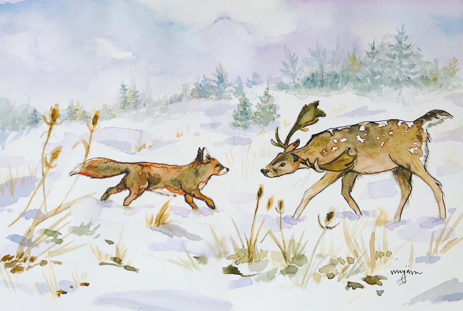 Christmas Greeting - Festive Christmas card print of fox and deer