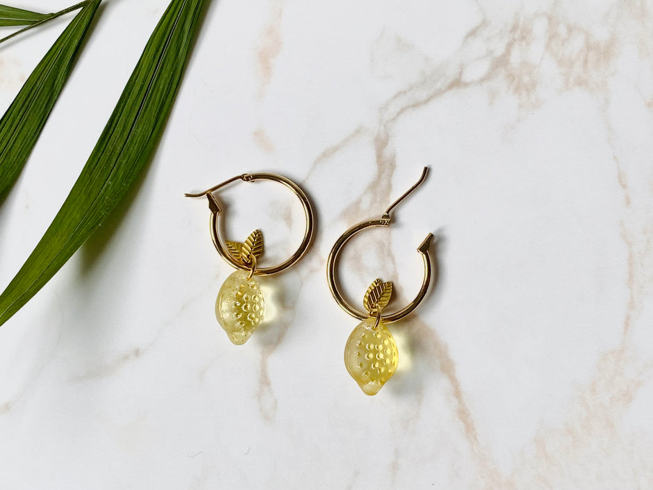 18k Gold plated hoop earrings with glass lemon beads. Perfect gift.