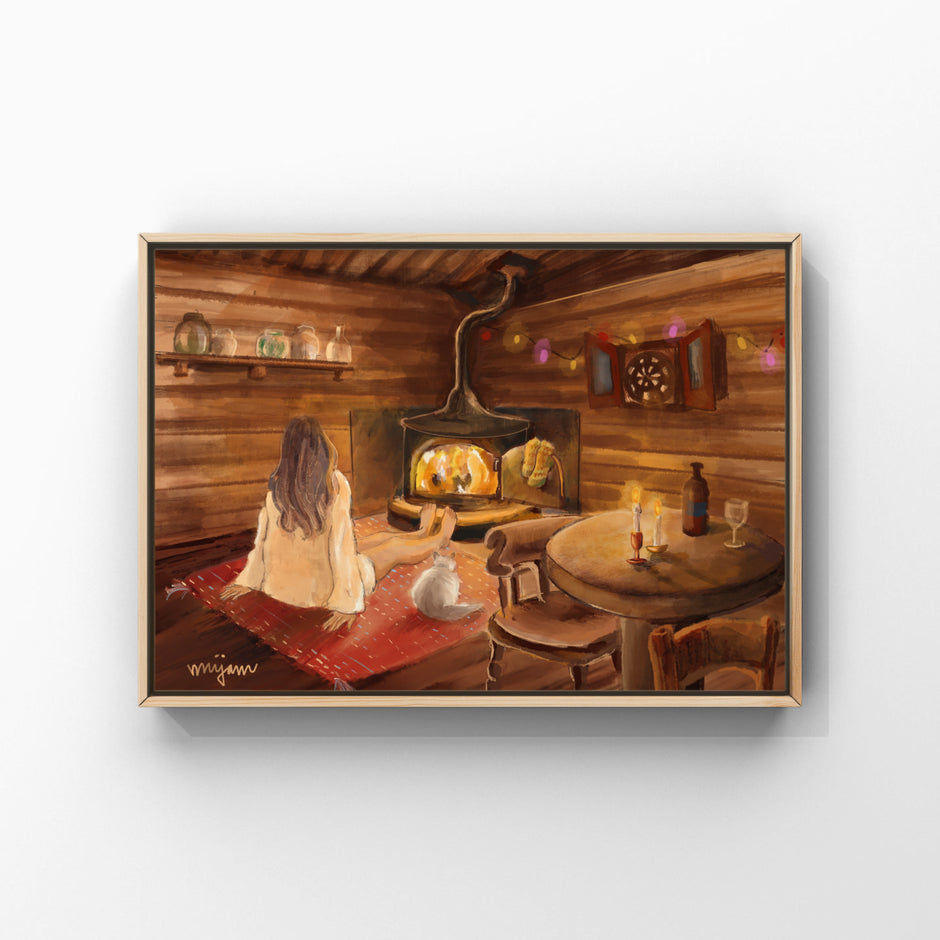 Cabin - gouache painting art illustration print of a woman and a cat sitting by log fire