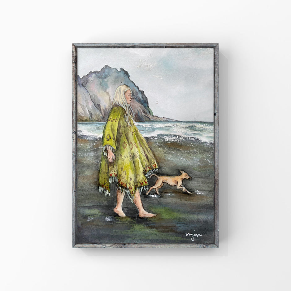 Black Sand - Nordic Iceland landscape original painting of a woman and a dog walking on the beach