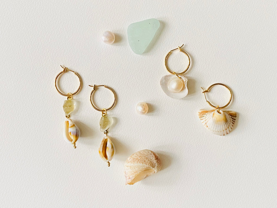 Asymmetrical seaglass shell Pearl mismatched statement earrings
