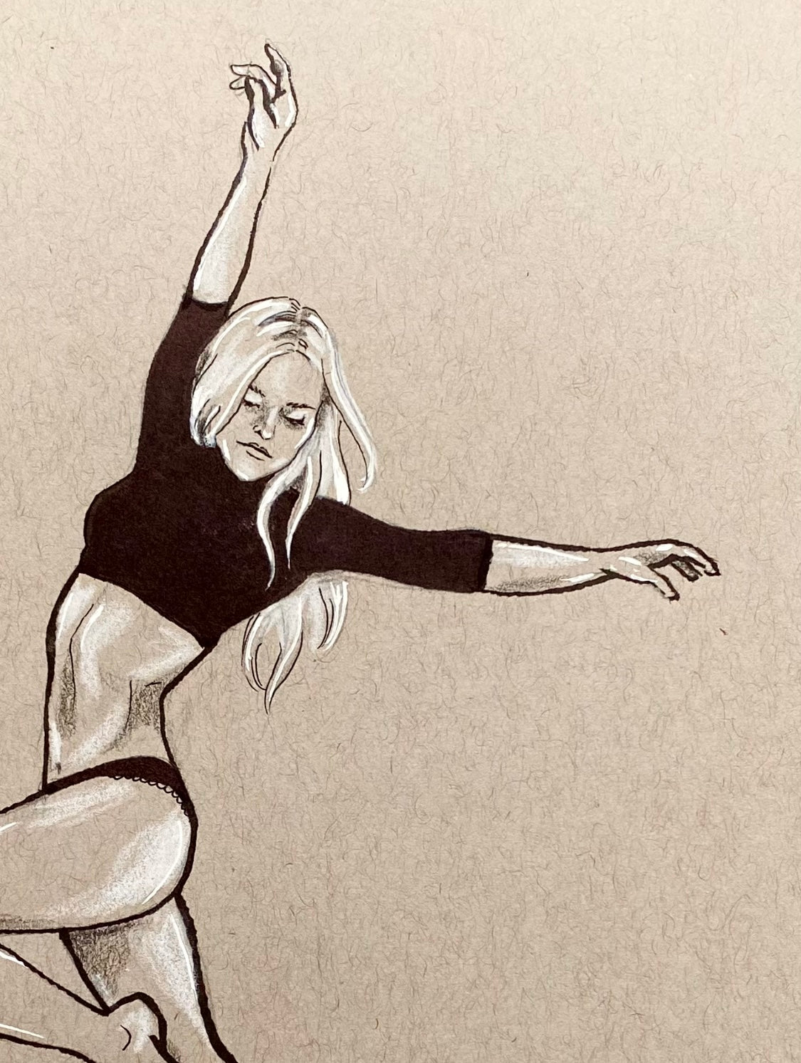Dance of Life - ink illustration print of a woman dancing with a cat