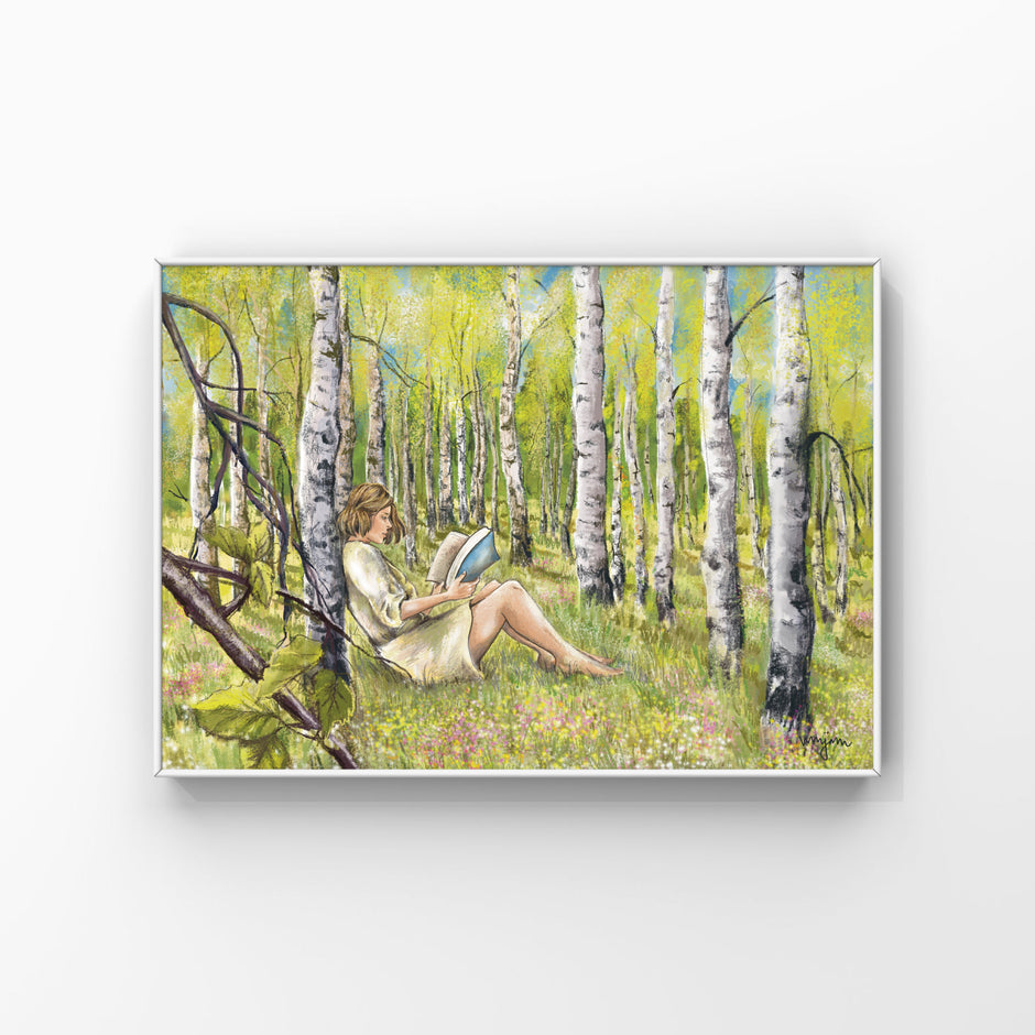 Birch Forest , Giclee print of a woman reading in Scandinavian Birch Forest