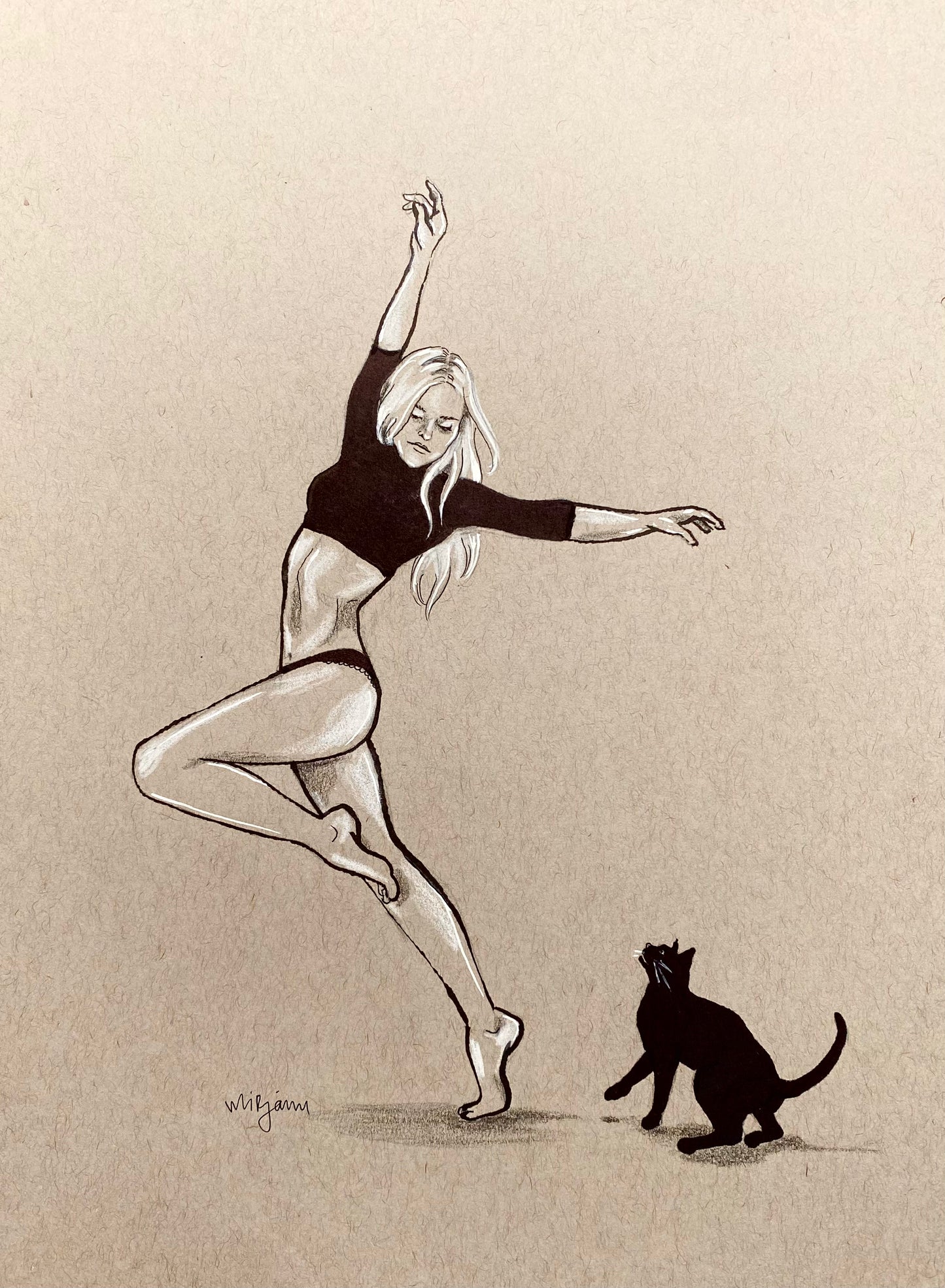Dance of Life - ink illustration print of a woman dancing with a cat