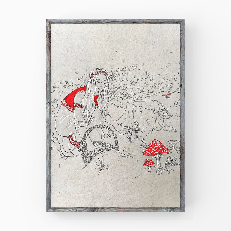 Little Forager , Estonian Folklore inspired Drawing illustration art giclee print of a lady girl picking mushrooms