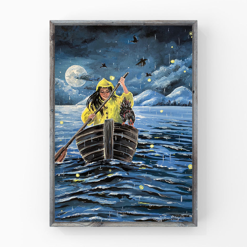 Home Journey - original gouache painting art illustration print of a girl woman rowing a boat with a cockerel in moonlight rain night sky