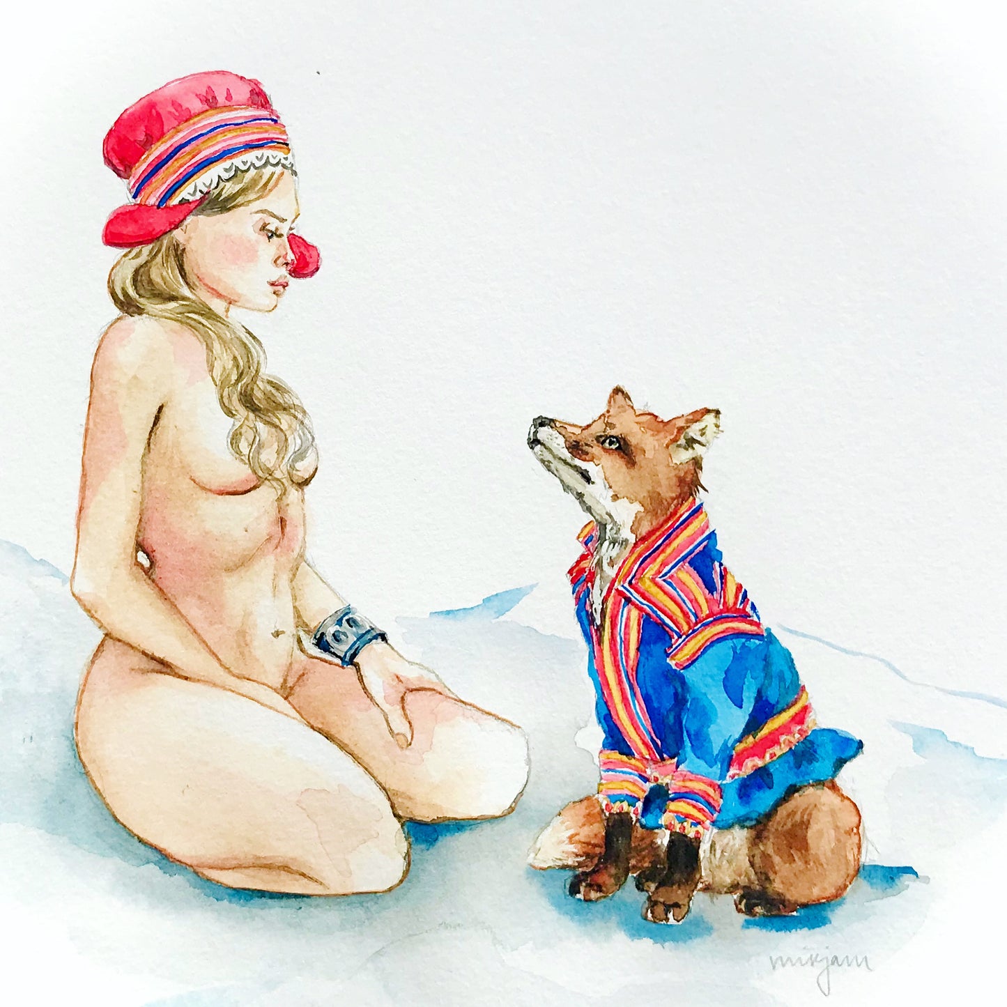 Don’t trust the fox , watercolour watercolor Folk art painting christmas card print Of a woman and a fox