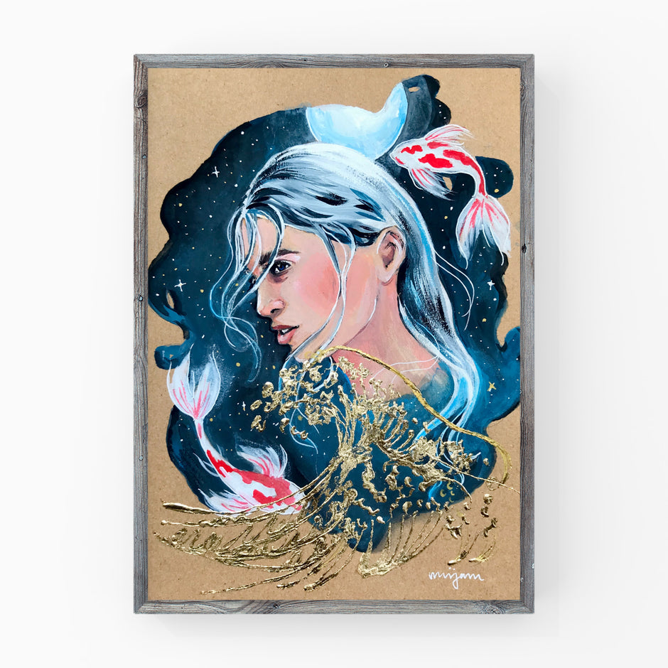 Cosmic Wave , original gouache painting of a woman, space, fish and gold embellished wave