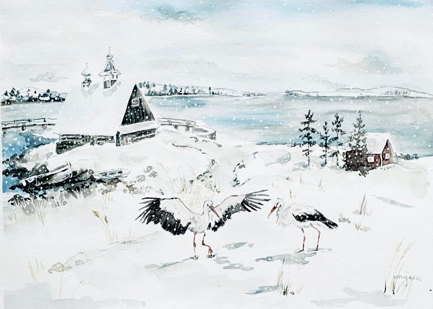 Storks in the Snow , winter snowy landscape Christmas card print watercolour painting art of storks in snow Finnish Scandinavian folk art