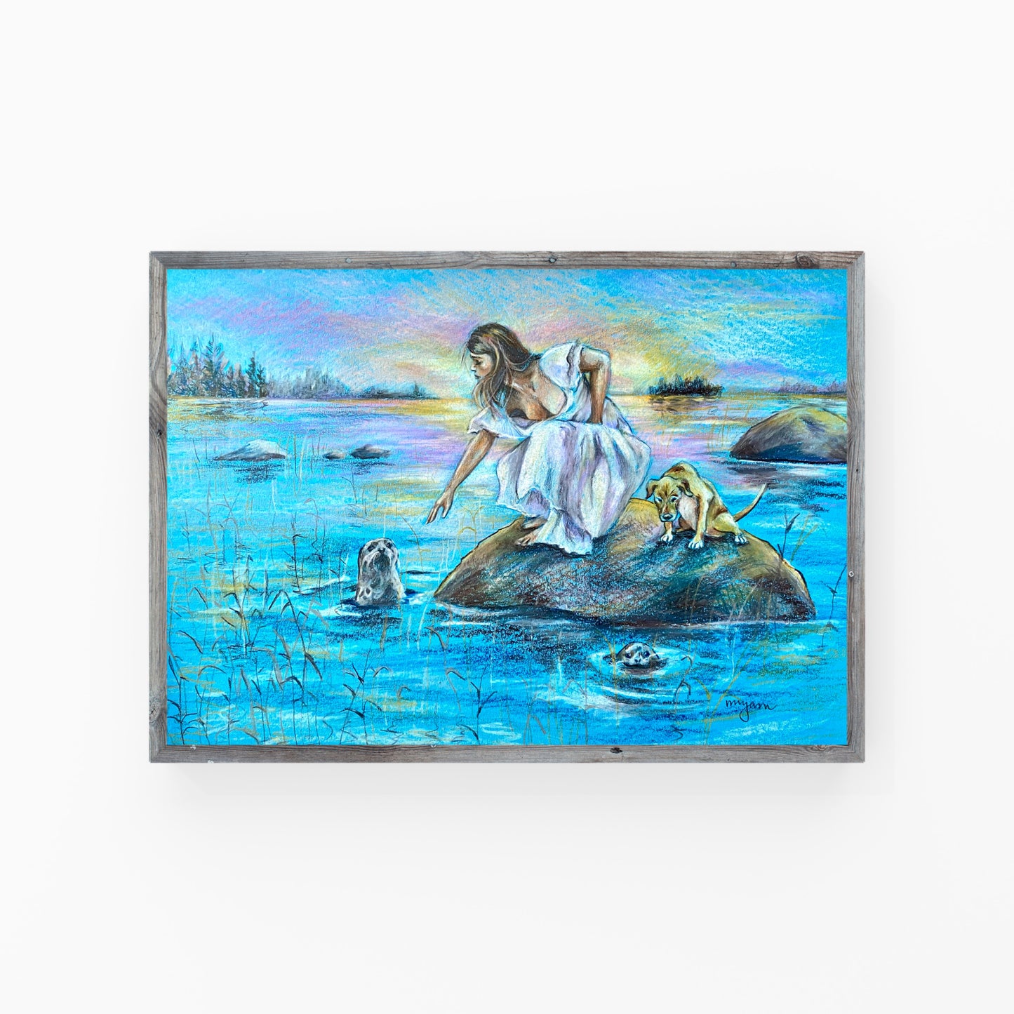 Lake Saimaa, original blue colour pencil drawing of a woman and a dog by a sunset lake in Finland with ringed seals. Original art