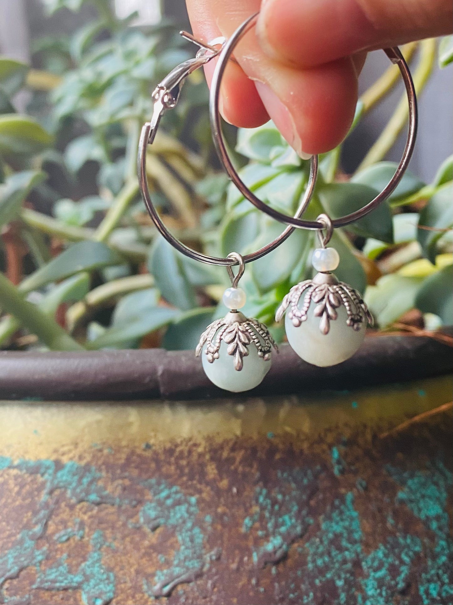 Caribbean blue turquoise calcite crystal silver hoop earrings