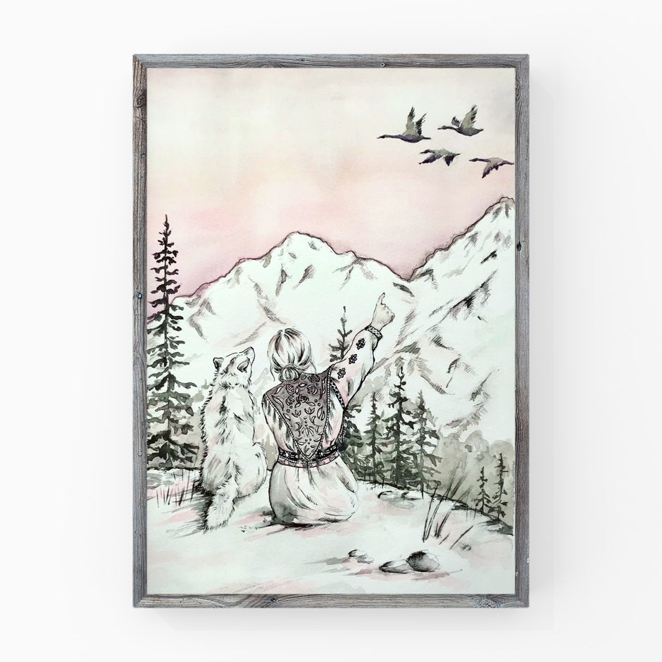 Mountain Echo , original folk art watercolor painting ink drawing print of a woman a wolf on a mountain looking at the landscape