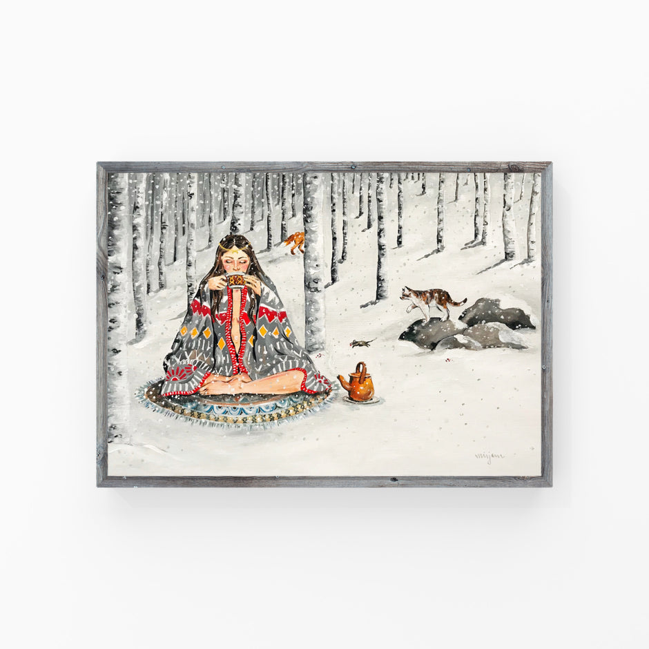 Forest Magick , Wintery forest Christmas snowy landscape original gouache painting print of a woman drinking tea in the forest with animals