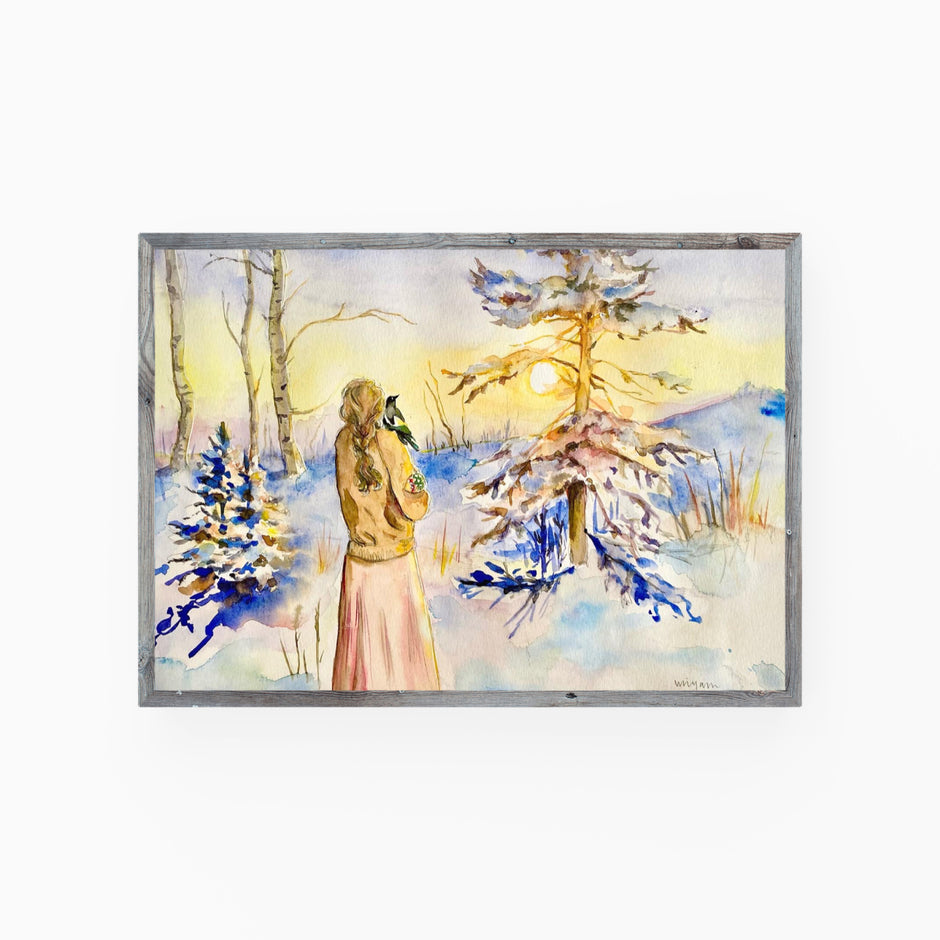 Girl and the magpie, original winter Sunset landscape Christmas card print watercolour painting art of a woman and a magpie bird