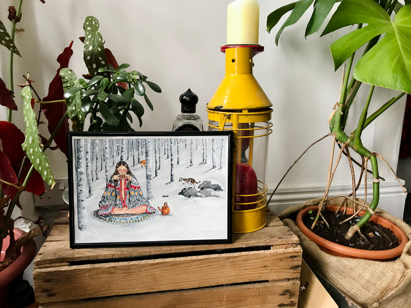 Forest Magick , Wintery forest Christmas snowy landscape original gouache painting print of a woman drinking tea in the forest with animals