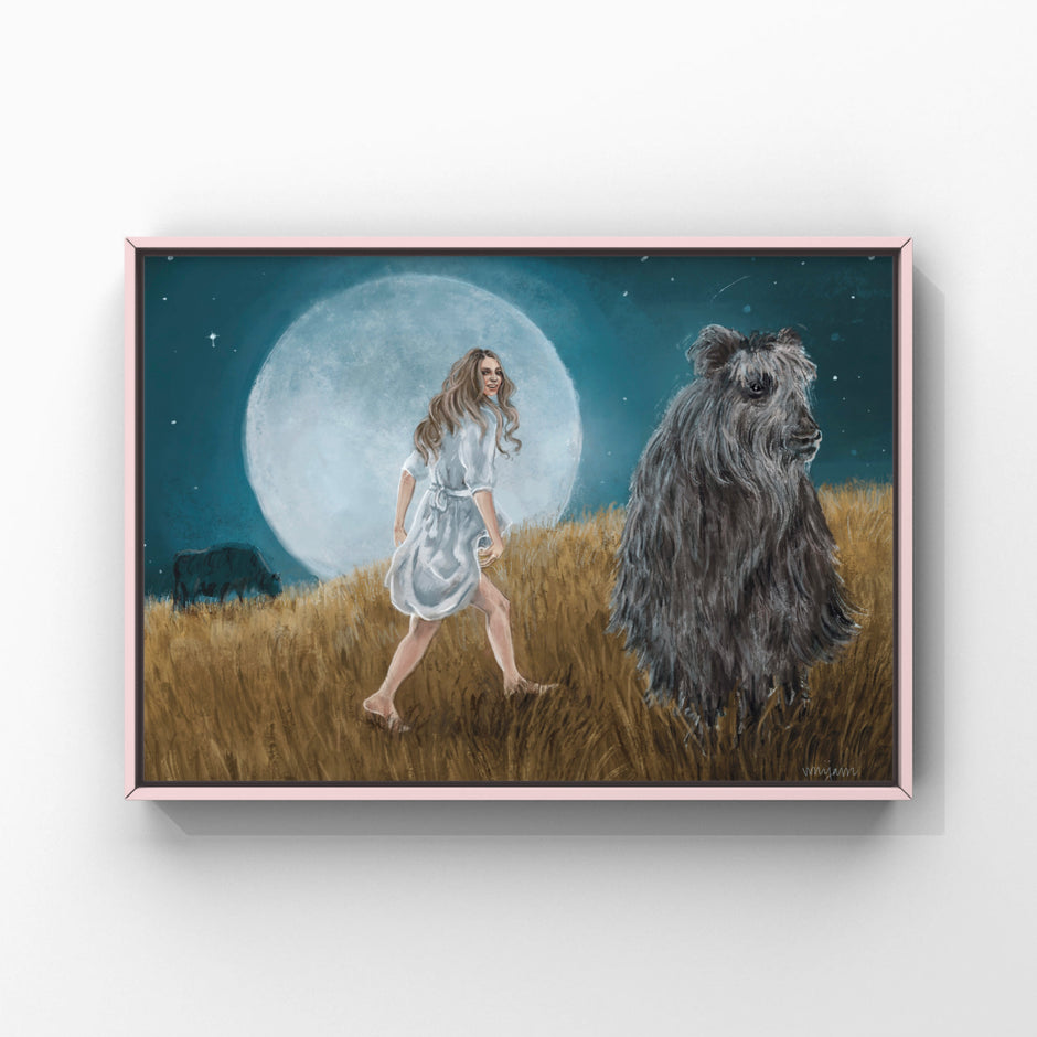 The Great Plains, folk art giclee print of an a woman, yak, full moon