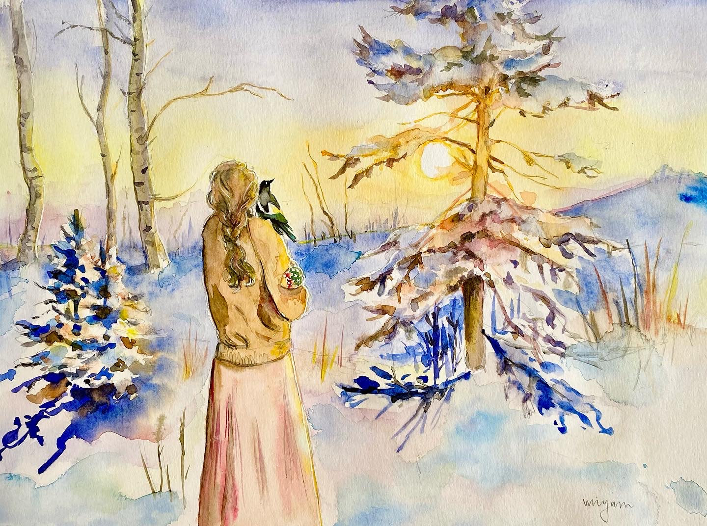 Girl and the magpie, original winter Sunset landscape Christmas card print watercolour painting art of a woman and a magpie bird