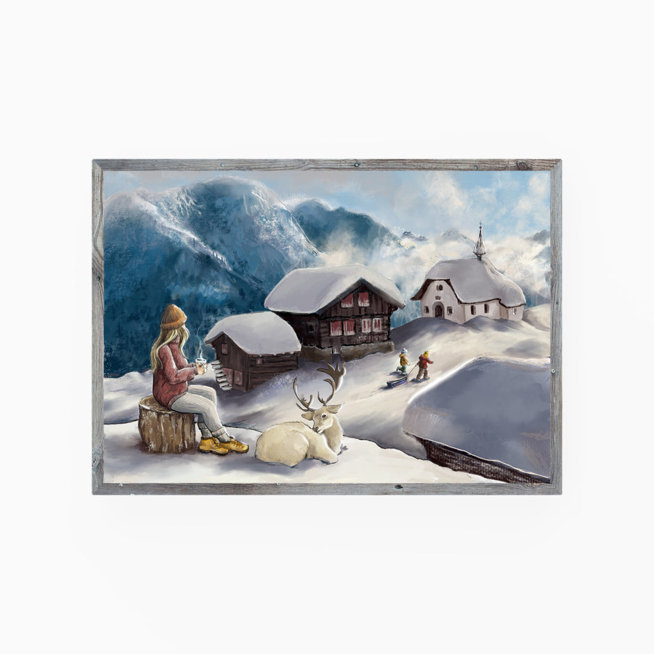 Spring Sun, folk art giclee print of a woman and a deer in the sun by the snowy Alps.