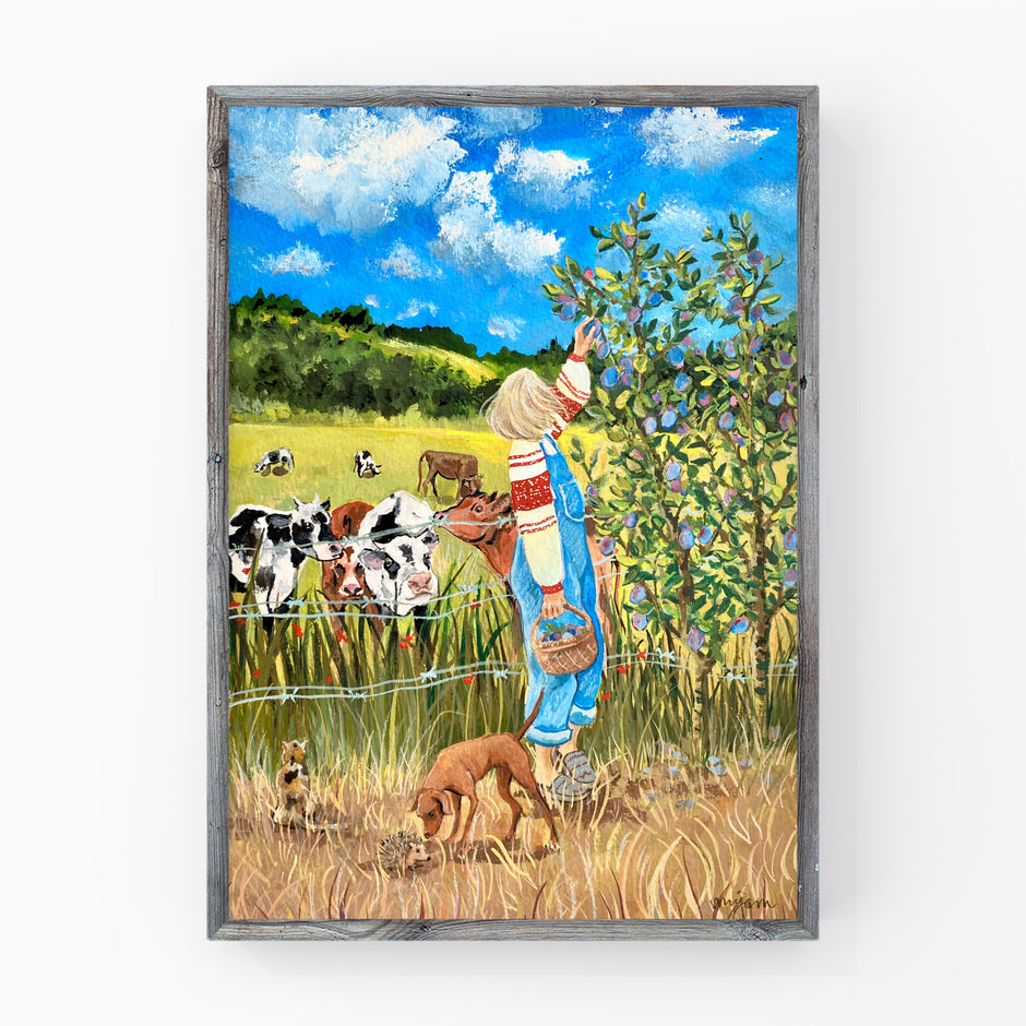 September - original gouache painting art illustration print of a woman, plum tree, cows, dog, cat and a hedgehog in Devon landscape