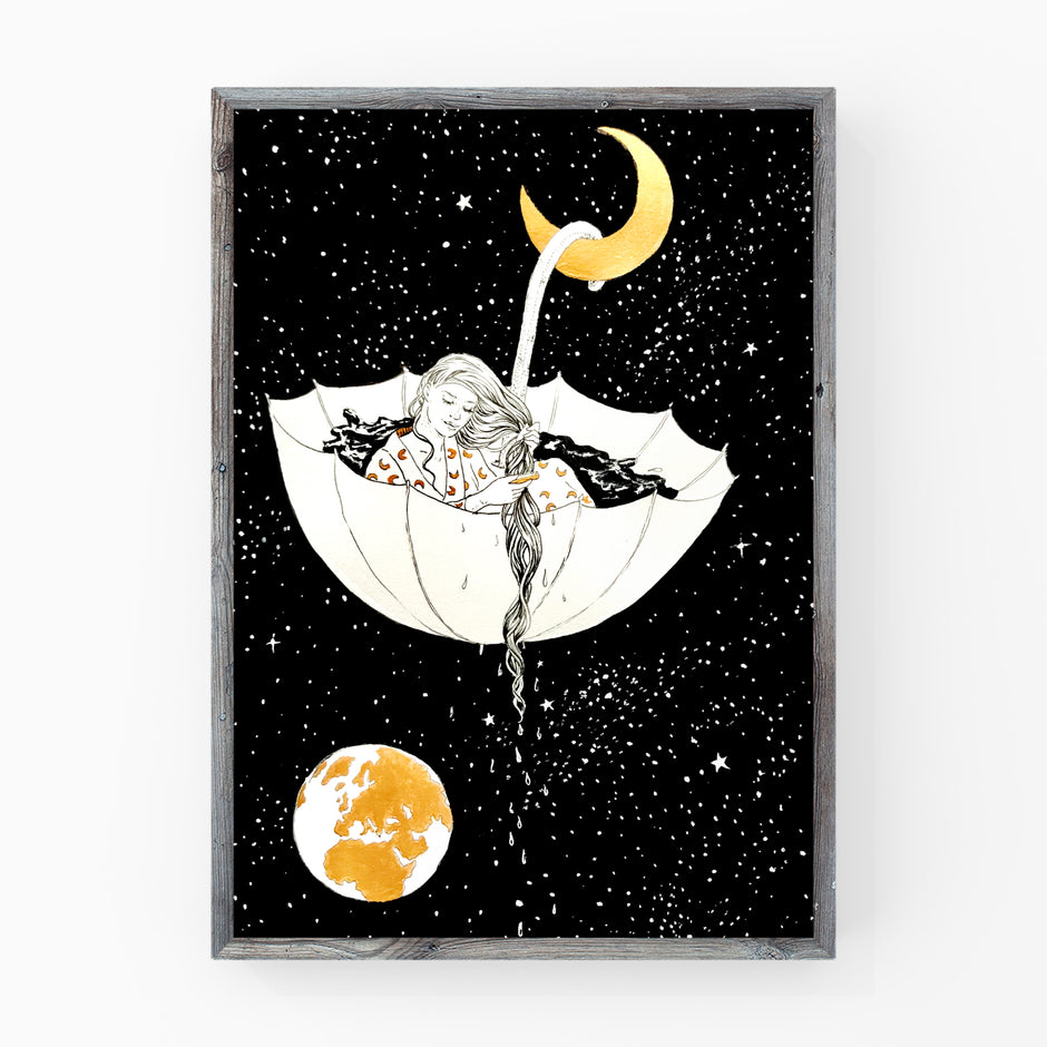 Moon Bathing - original black and white painting art ink illustration print of a beautiful woman surrounded by moon stars earth