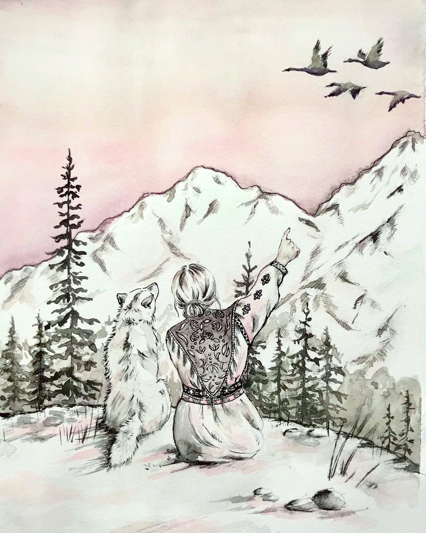 Mountain Echo , original folk art watercolor painting ink drawing print of a woman a wolf on a mountain looking at the landscape