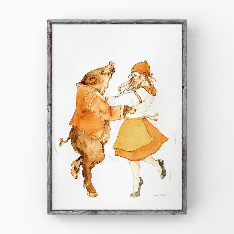 Folk Dance , folk art original Estonian painting drawing illustration print of a Wild boar and a girl dancing