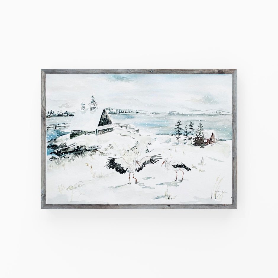 Storks in the Snow , winter snowy landscape Christmas card print watercolour painting art of storks in snow Finnish Scandinavian folk art