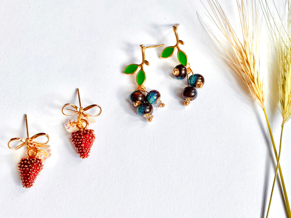 Fruit de bois Handmade statement strawberry blueberry 22 kt gold plated drop earrings made with ceramic and alloy beads
