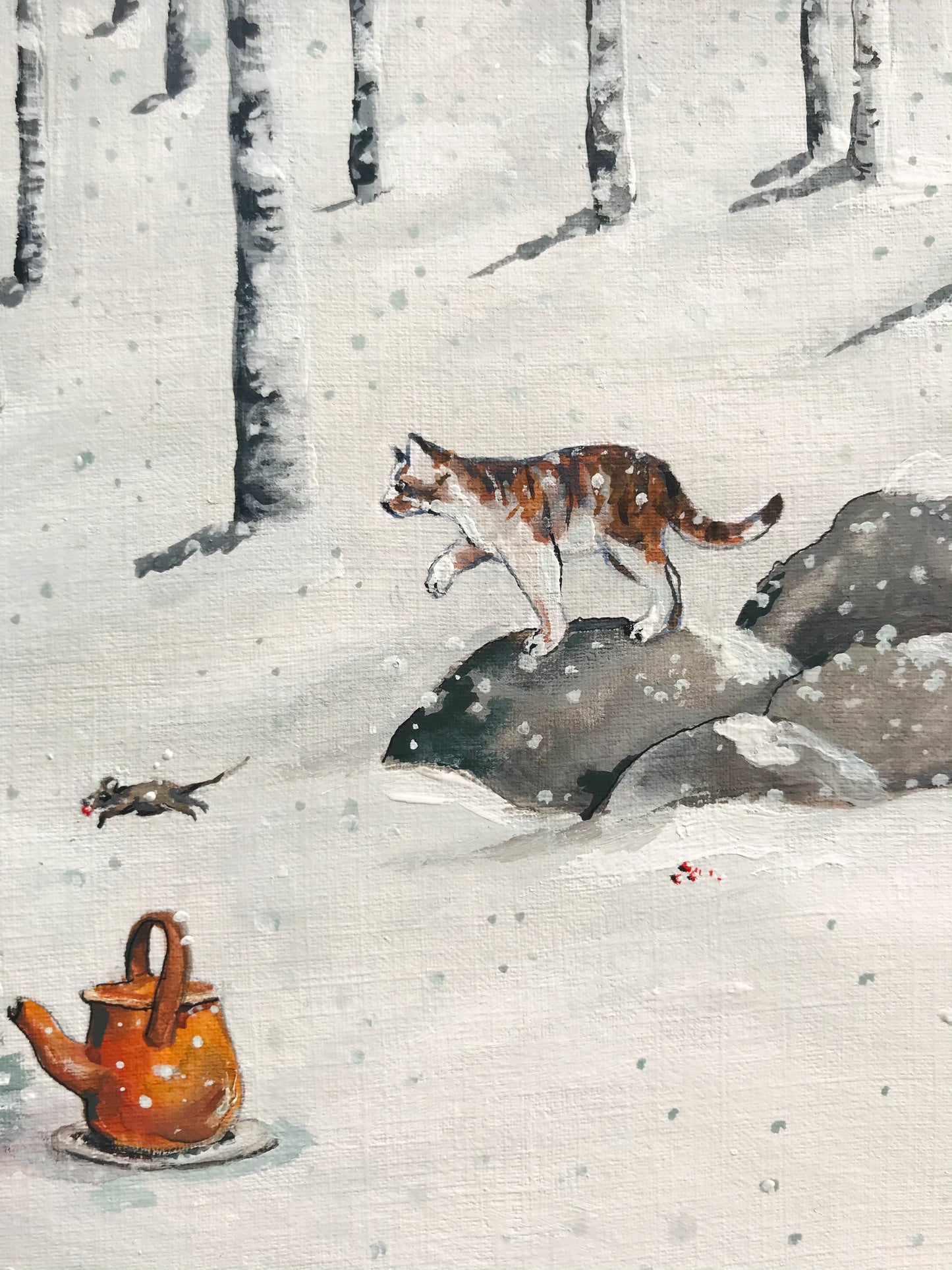 Forest Magick , Wintery forest Christmas snowy landscape original gouache painting print of a woman drinking tea in the forest with animals