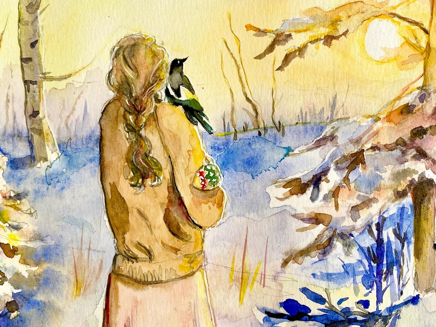 Girl and the magpie, original winter Sunset landscape Christmas card print watercolour painting art of a woman and a magpie bird