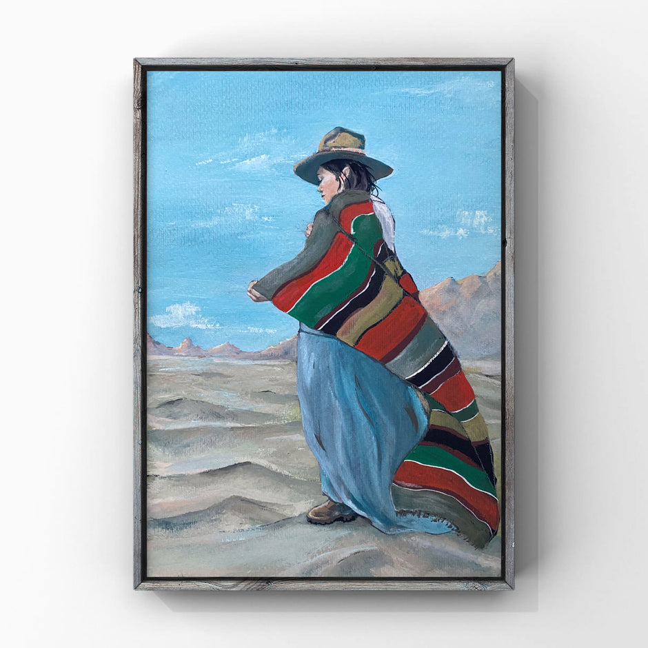 Desert wind, original gouache fine art illustration of a woman shaman in the desert. Mexican South American folk art.