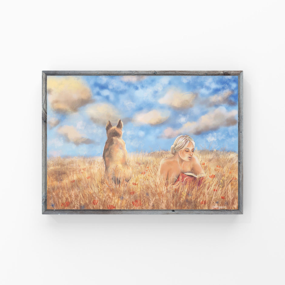 Golden Rays, folk art giclee print of a woman and a dog sunbathing in the field of poppies