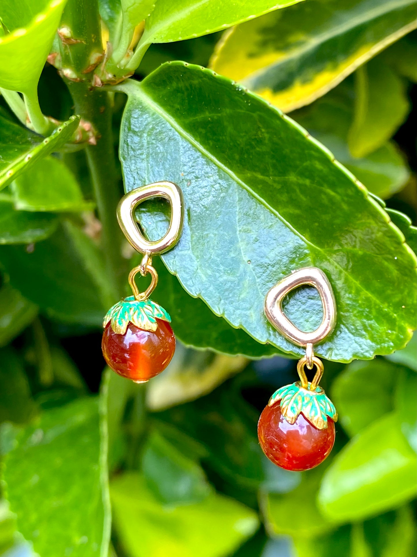 Mini orange fruit earrings with carnelian crystal beads. Perfect gift.