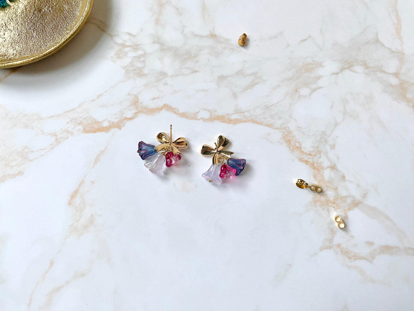 Spring bouquet purple lilac glass flower earrings with bow settings