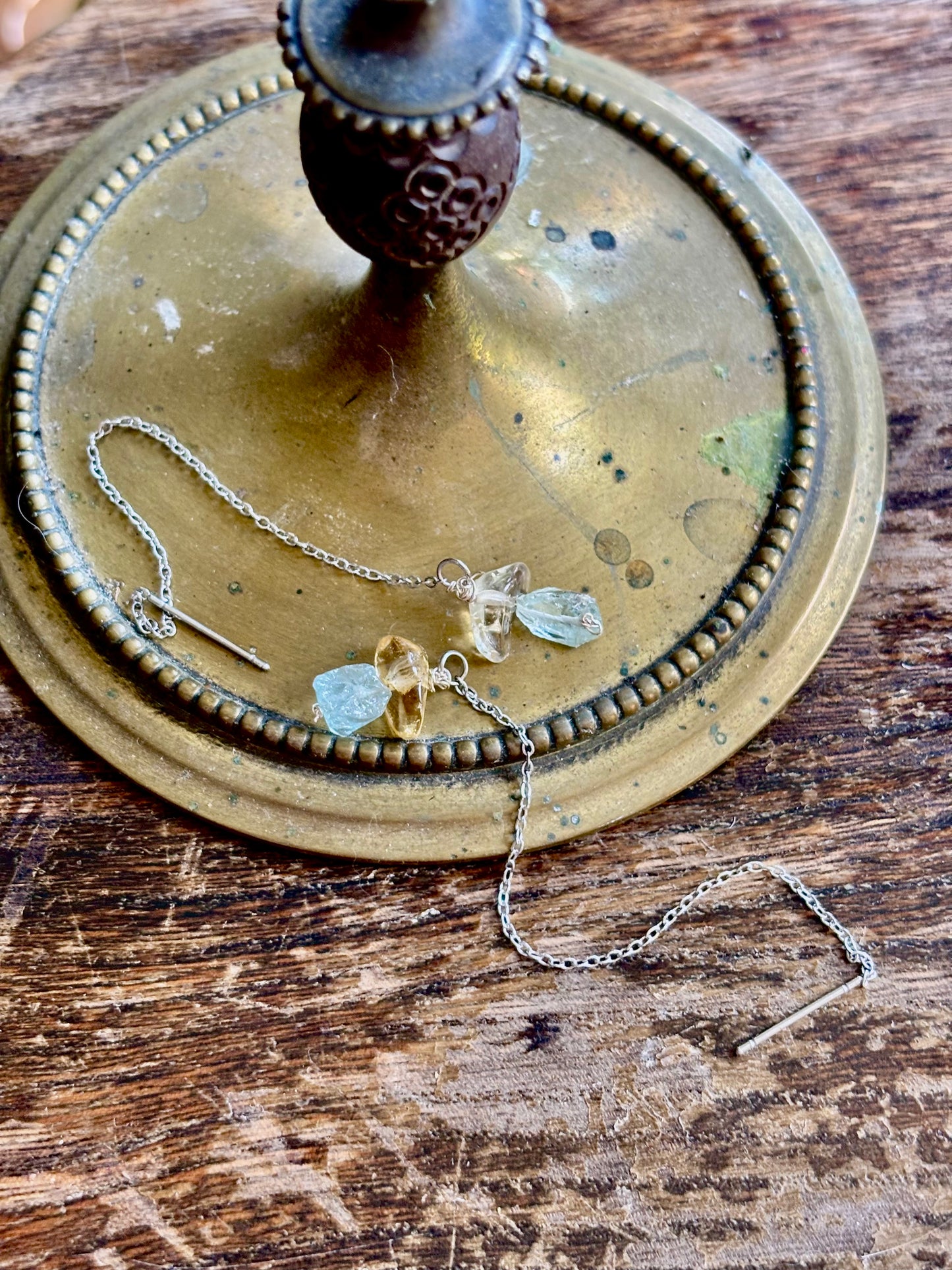 Handmade sterling silver aquamarine and citrine gemstone crystal long dangle earrings
