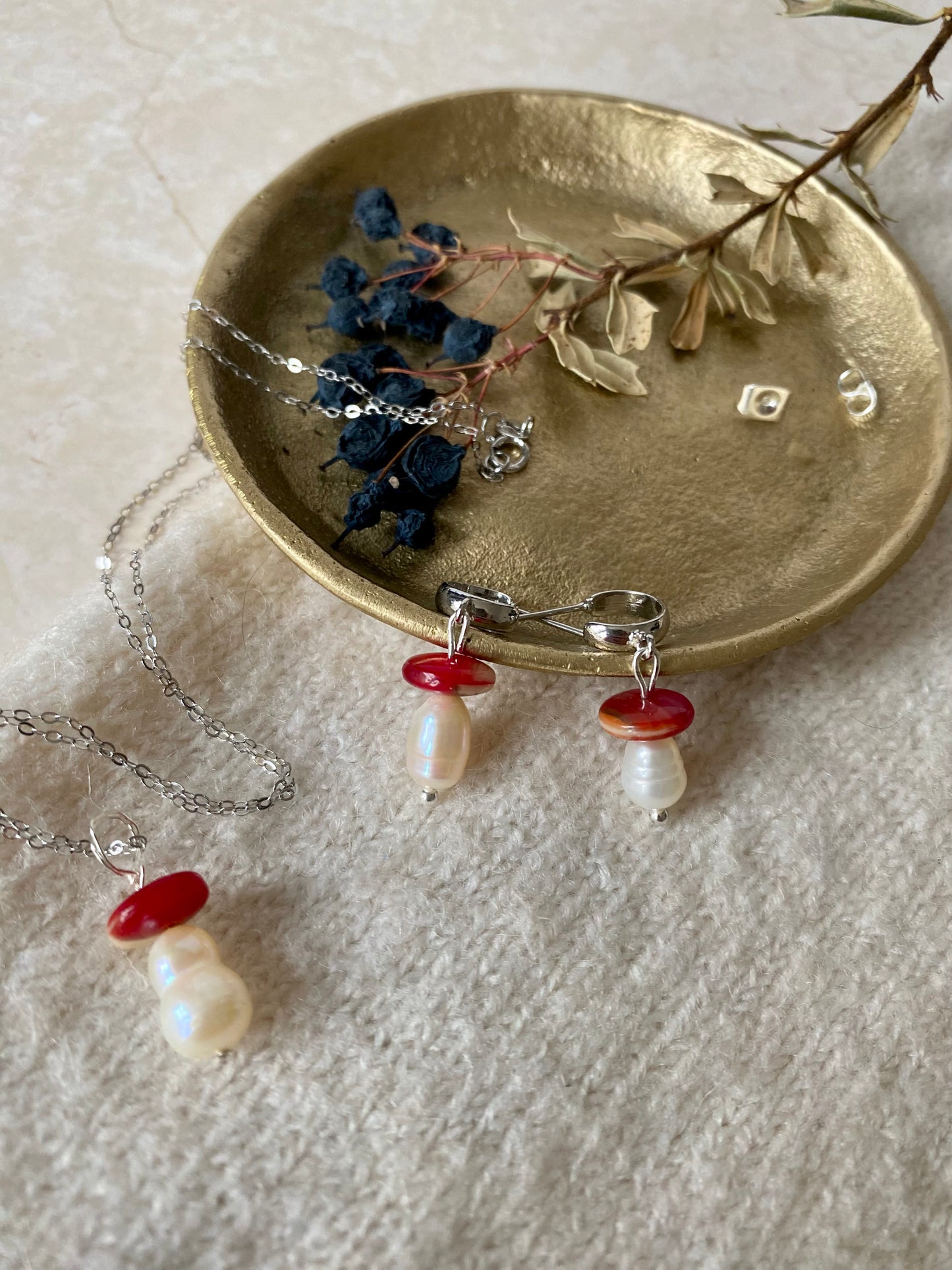 sterling silver glass red mushroom and pearl hoop earrings