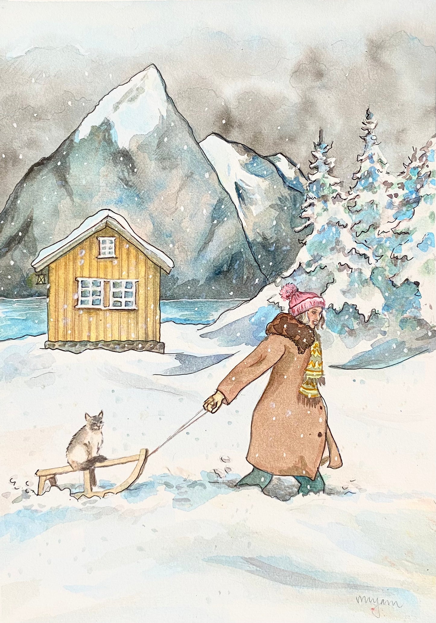 Through the Snow - a giclee print of a girl pulling a Ragdoll cat in snow in wintery landscape