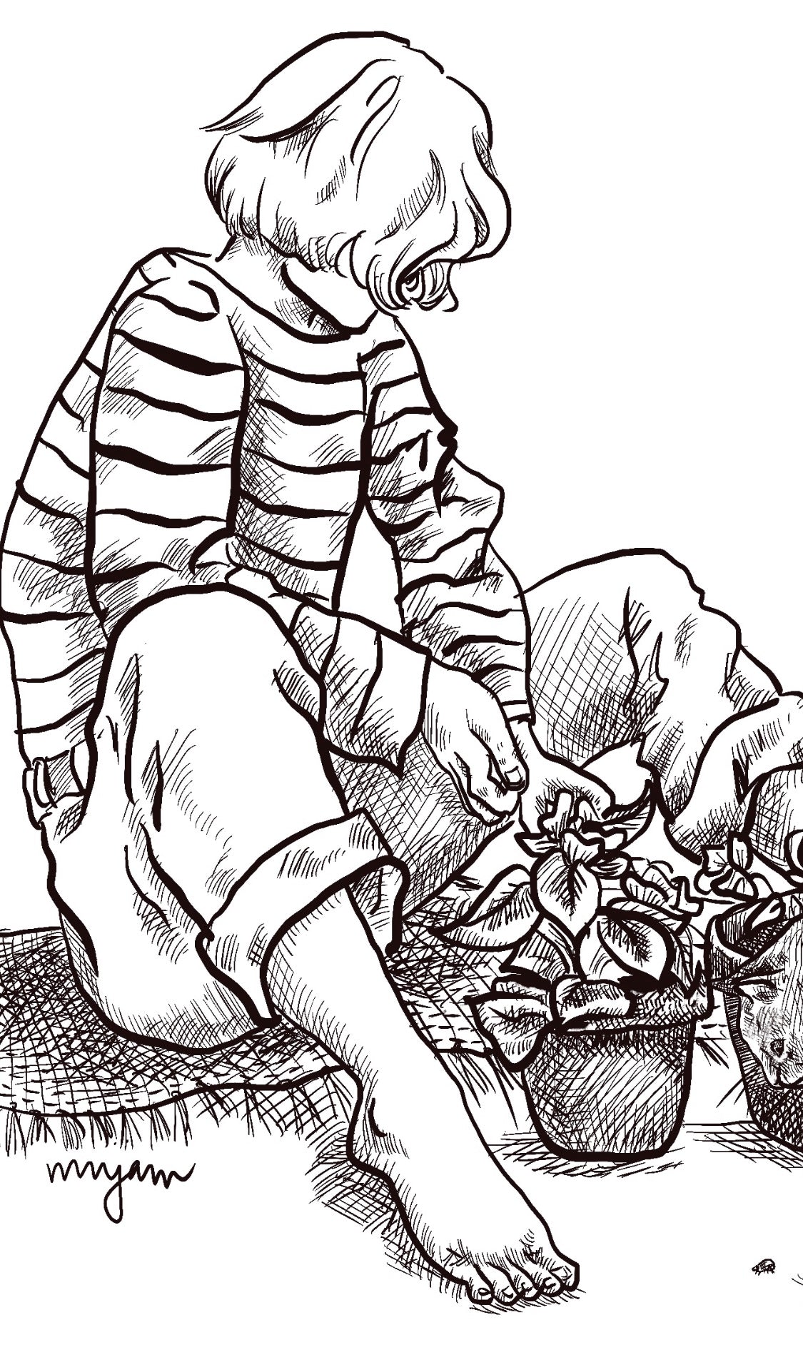 Potting Season - ink pen art illustration print of a woman and a cat potting in the garden