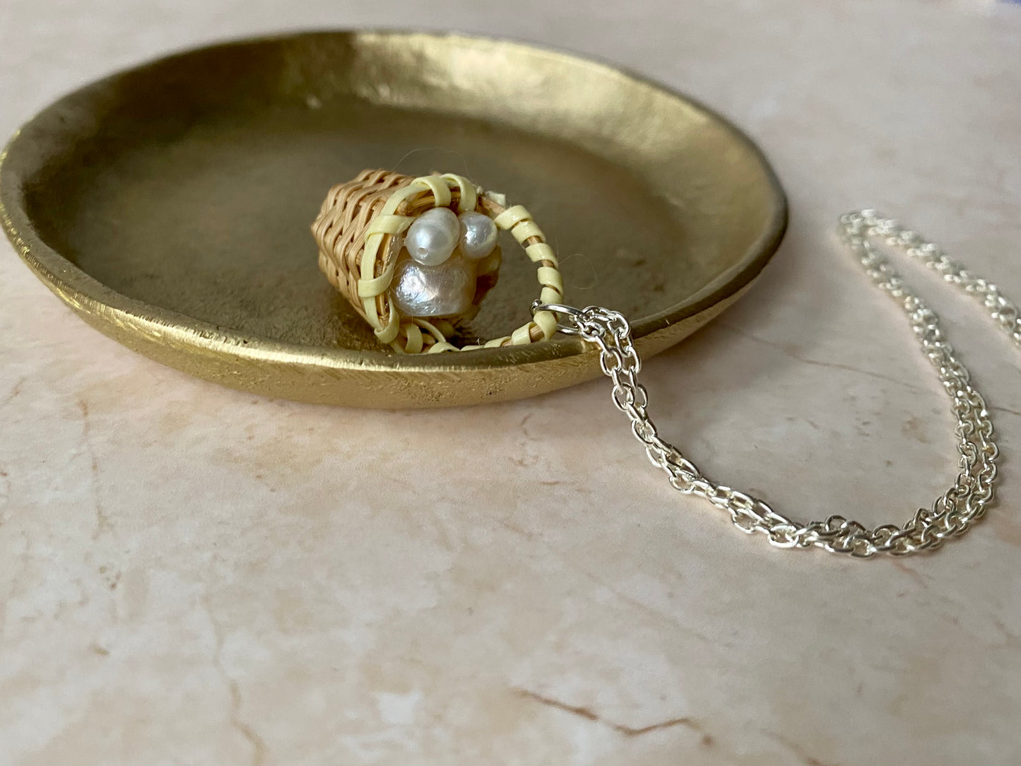 Sterling silver necklace Pearl pendant with woven basket