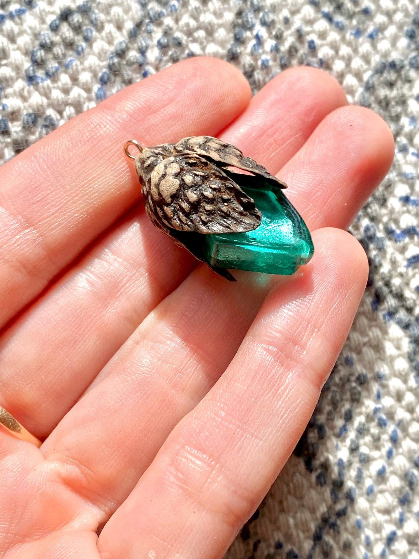 Turquoise glass acorn pendant silver necklace