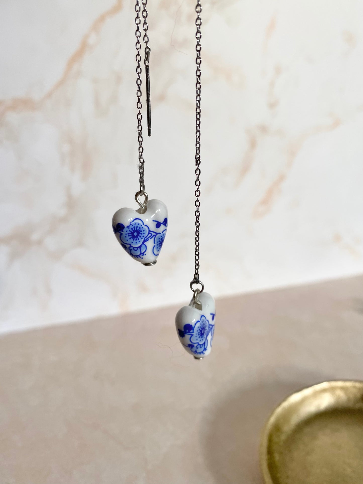 Puffy ceramic white and blue heart drop earrings. Perfect gift