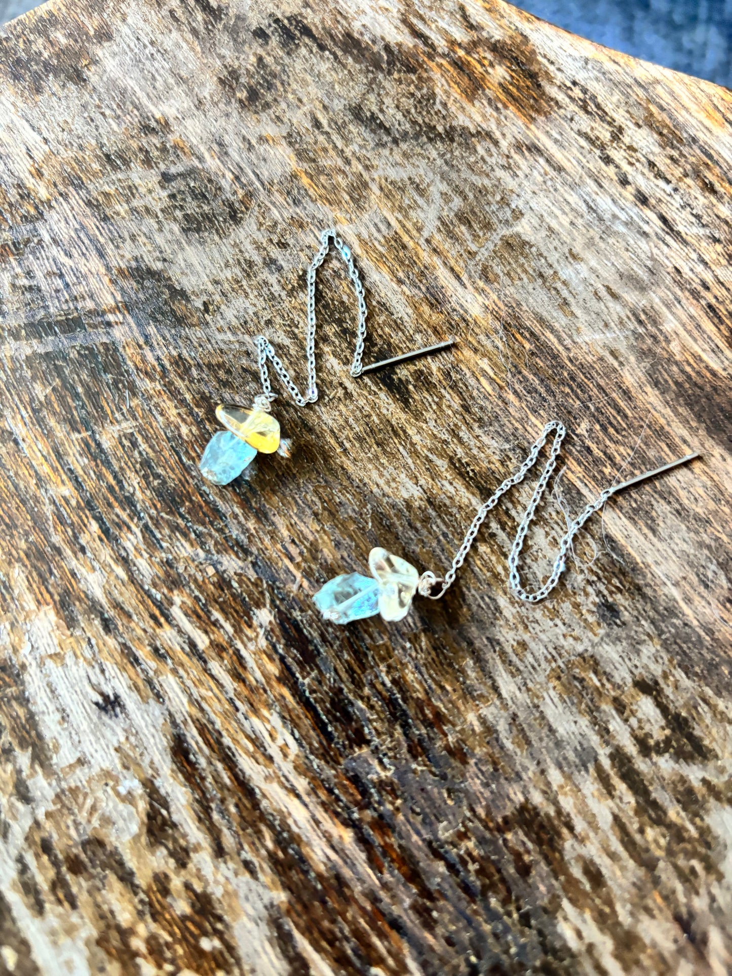 Handmade sterling silver aquamarine and citrine gemstone crystal long dangle earrings