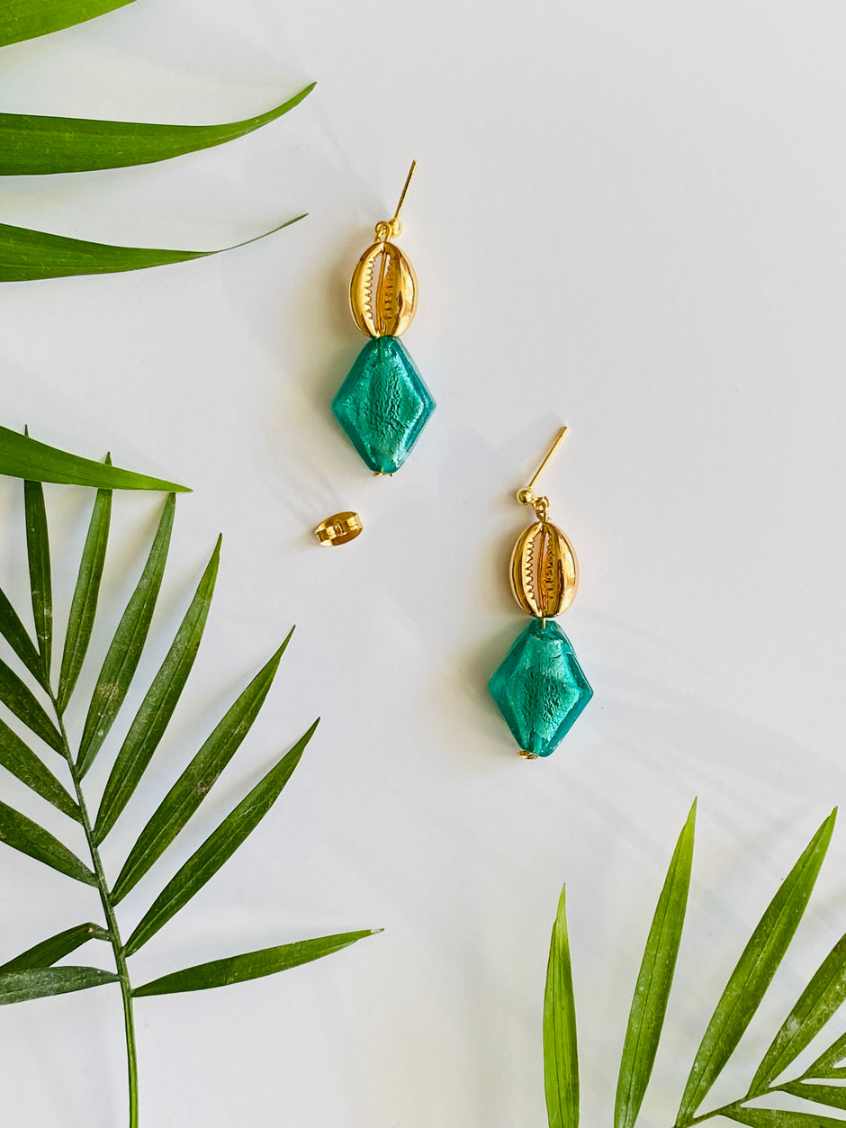 Real gold shell earrings with sparkly, turquoise green glass